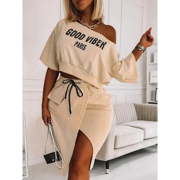 Plus Size Two Pieces Dresses Suits Leter Print One Shoulder Letter Print Half Sleeve Top&High Split Pocket Midi Skirt Set