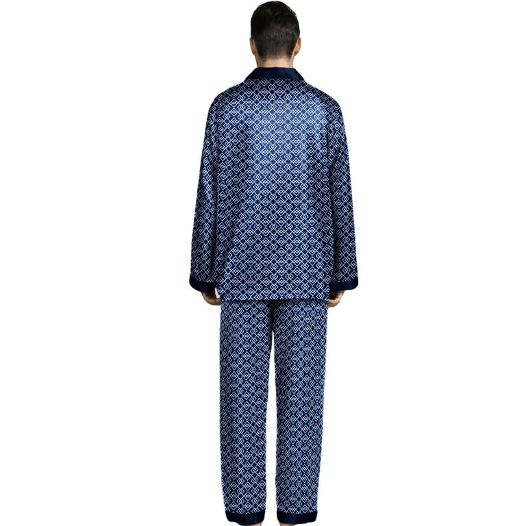 BluChi Mens Regular & Big and Tall Pajama Set with Button Down, Drawstring & Pockets - Long Sleeve Satin Sleepwear Pjs, Blue