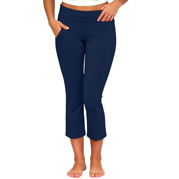 AVRNLIQ Womens Navy Capri Pants with Pockets Pull On Fold Over Waist Comfy Lounge Yoga Cropped Flare Leg Casual Bottoms Plus Size Petite,Size XL
