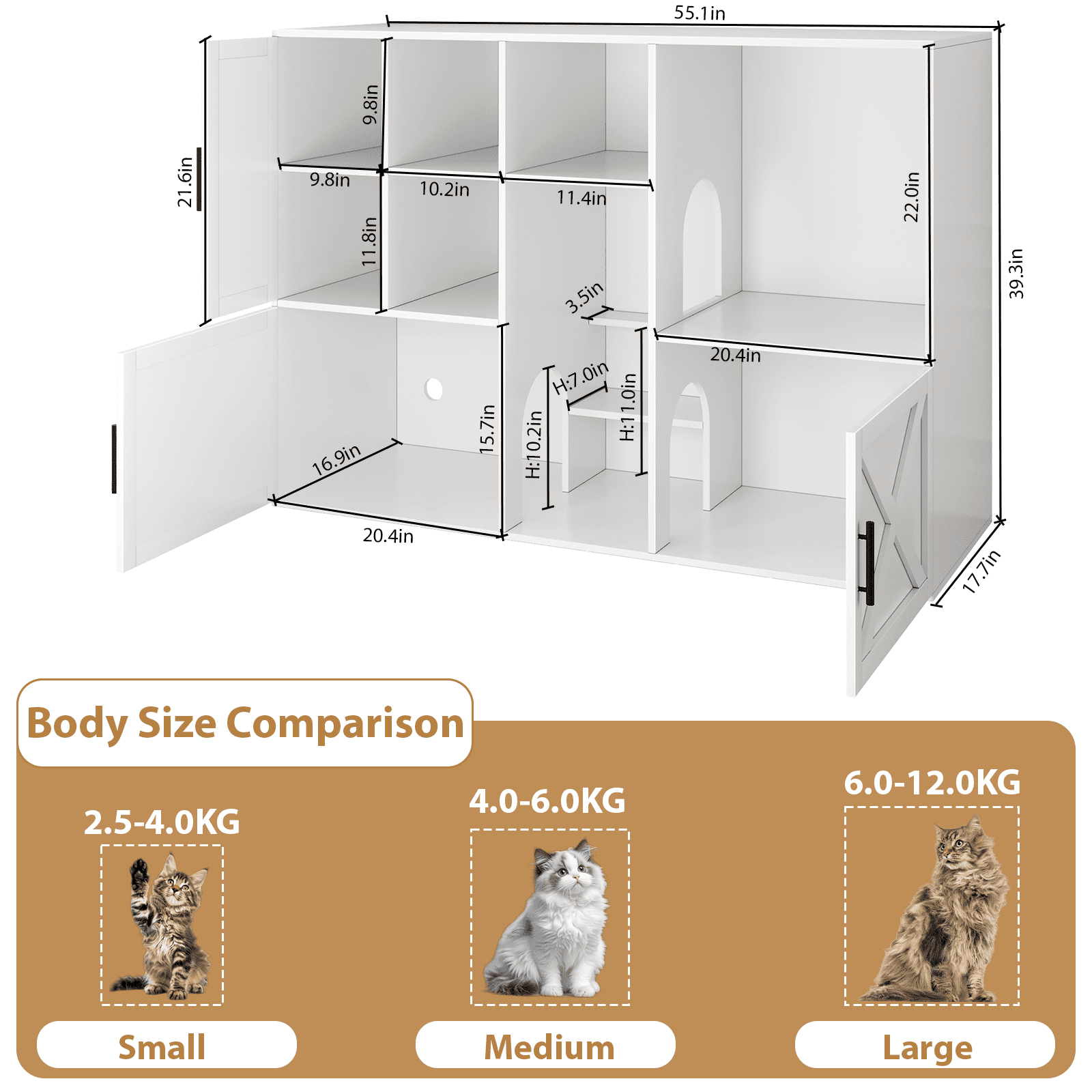 LLappuil Cat Litter Box Furniture, 55" Hidden Cat Litter Box Enclosure with Double Room, Open Shelves, Cabinet, Cat Washroom Furniture for Living Room Entryway