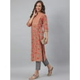 thumbnail image 3 of Jansaya Indian Round Neck 3/4 Sleeve Floral block Print Mint Green Cotton Kurta For Women, 3 of 7