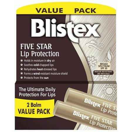 5 Lip Balms (Blistex Five Star Protection Lip Balm, Broad Spectrum SPF 30, Water Resistant, Lip Care, Value Pack, 2)