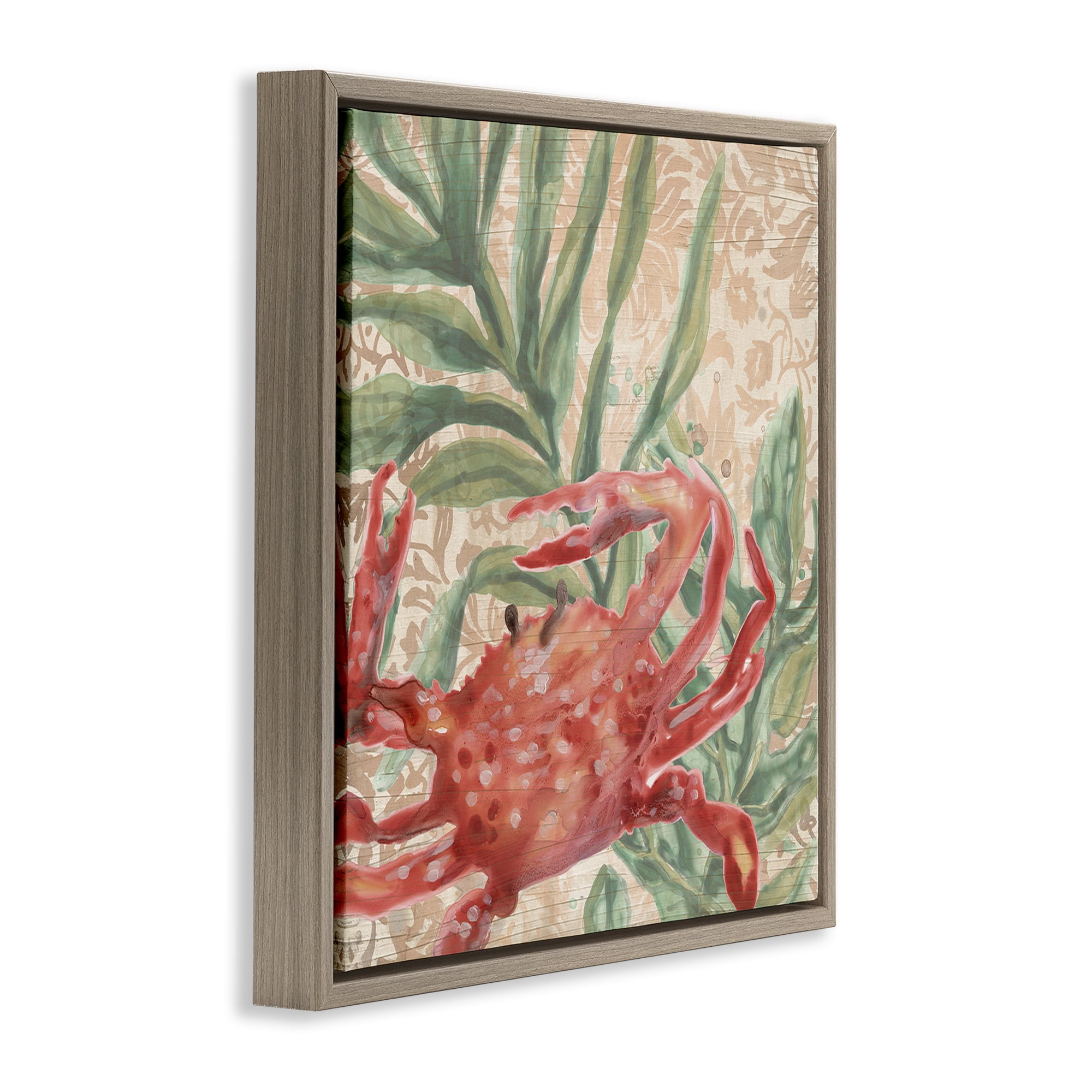 Stupell Industries Crab on Floral Pattern Animals & Insects Painting Brown Floater Framed Canvas Art Print Wall Art, 25 x 25