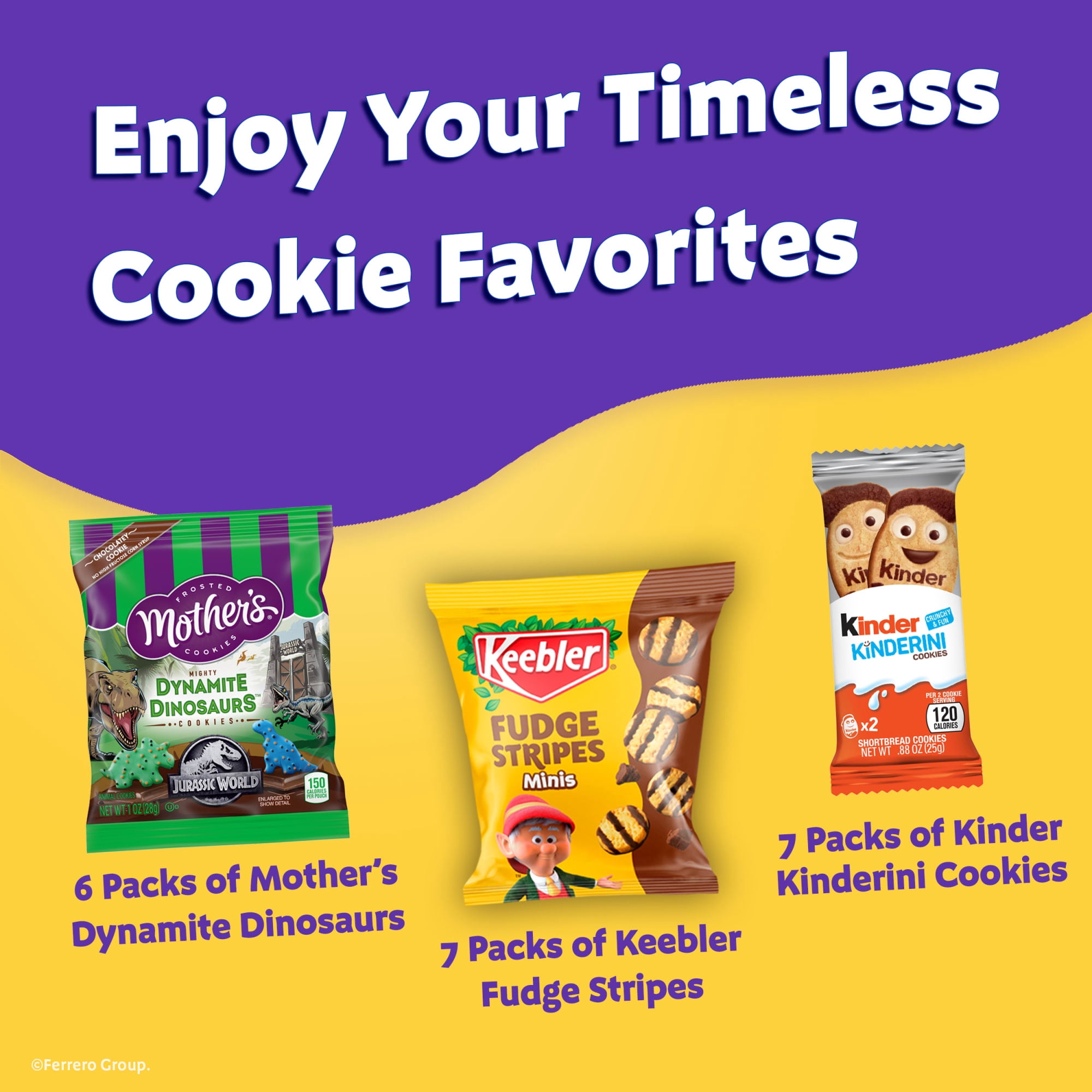 (4 pack) Keebler Fudge Stripes Mini Original Cookies, Mother's Chocolatey Dynamite Dinosaurs Cookies, Kinderini Cookies, Treat Time Treasures Variety Pack, 20 Pack, 18.6 oz