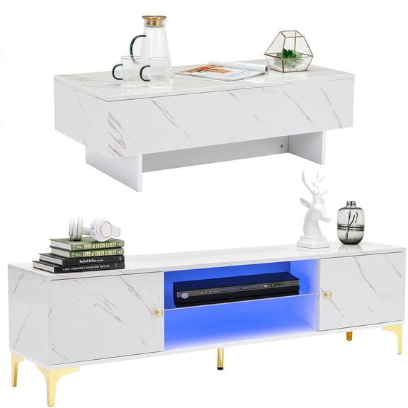 COSVALVE Marble White Table Set, Includes 62.3 Inches LED TV Stand and 41.3 Inches Contemporary Coffee Table, Modern Coffee Table Marble for Living Room