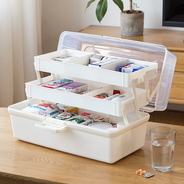 Portable Empty First Aid Box, Clear 2-Tray Plastic Medication Storage Box for Home with Divider Inserts and Handle, White