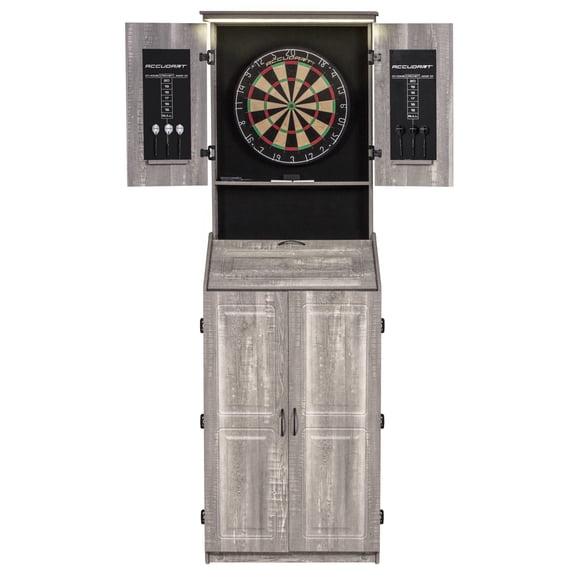 Accudart Standing LED Bristle Dartboard Cabinet Set - Weathered Grey Finish - Brazilian Sisal Dartboard - Built-In Storage - Protective Velvet Backboard - Dual Chalkboards and 6 Darts