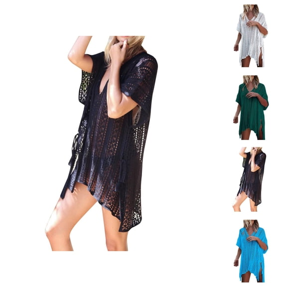 Swimsuit Coverup for Women Short Sleeve V Neck Side Slit Crochet Knit Loose Mini Dress Beach Cover Up