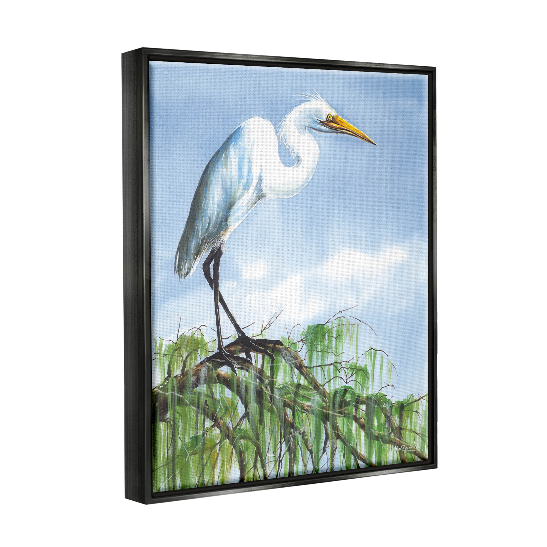 Egret Bird Balancing Branch Animals & Insects Painting Jet Black Framed Art Print Wall Art