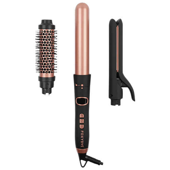 Foxybae Tres Chic 3-In-1 Interchangeable Styler with a 1" Flat Iron, 1.25" Curling Wand, and Hot Round Brush
