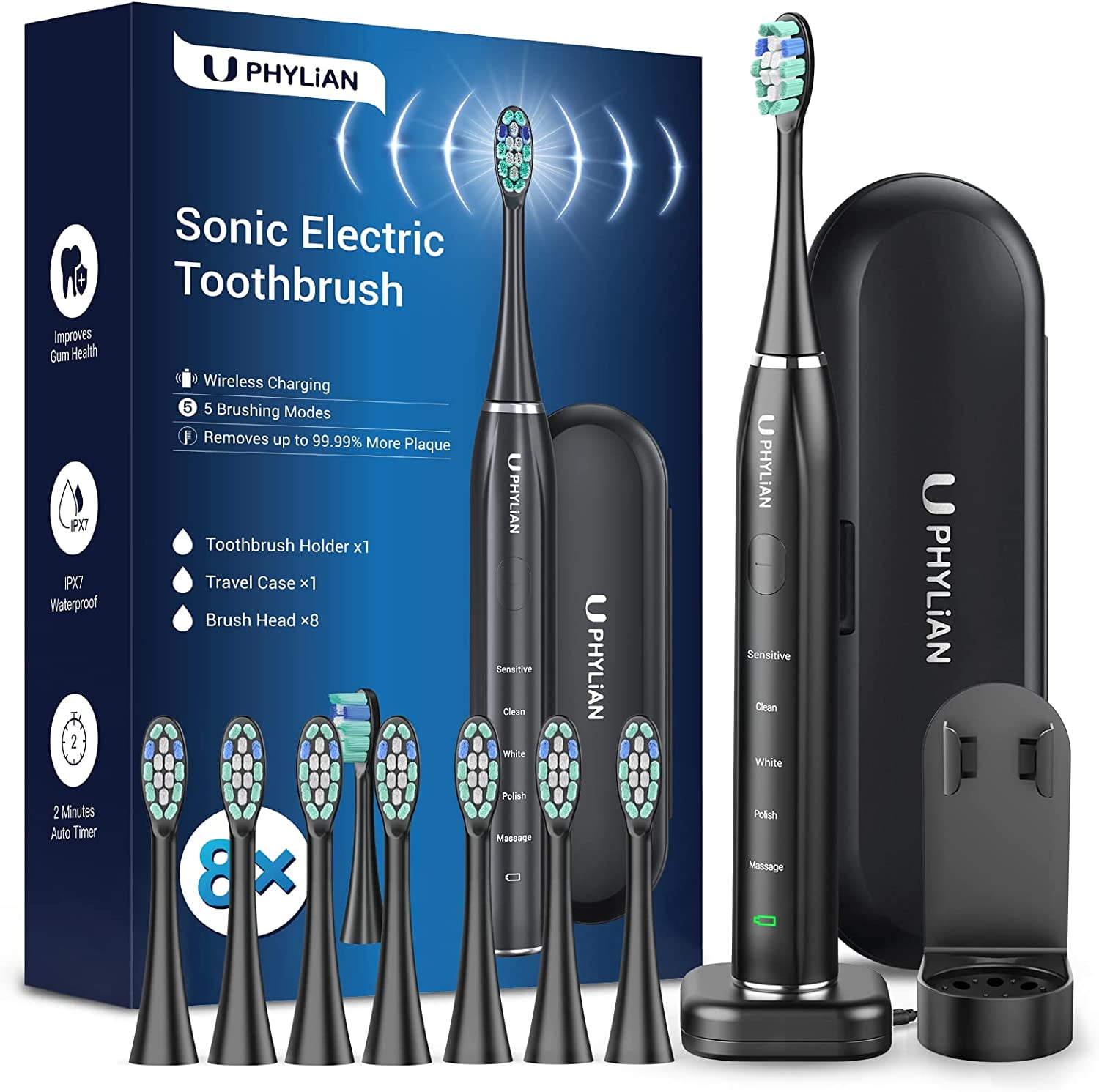 PHYLIAN Rechargeable Electric Toothbrush for Adults Sonic Whitening