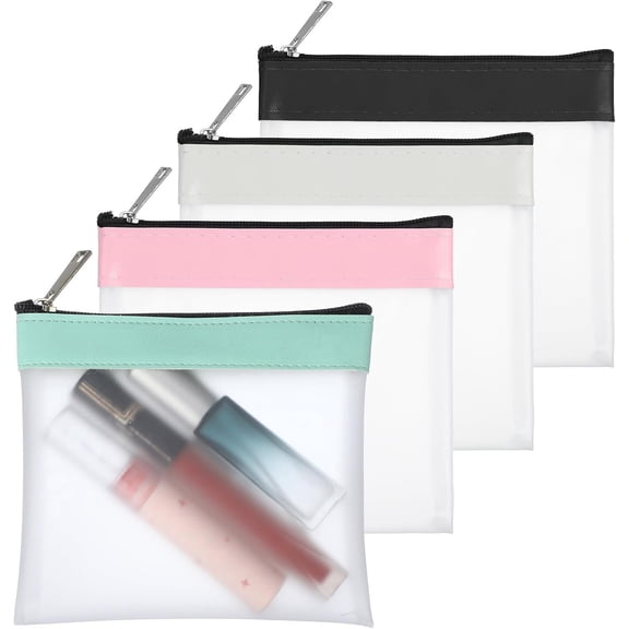 4Pcs Small Clear Pouch, 4.9x4.5 Inch Mini Makeup Bag Zipper Pouch for Purse Clear Coin Purse with Zipper Closure, Cute Multicolor Leather Trim Perfect for Handbag Backpack, Travel & Daily Use