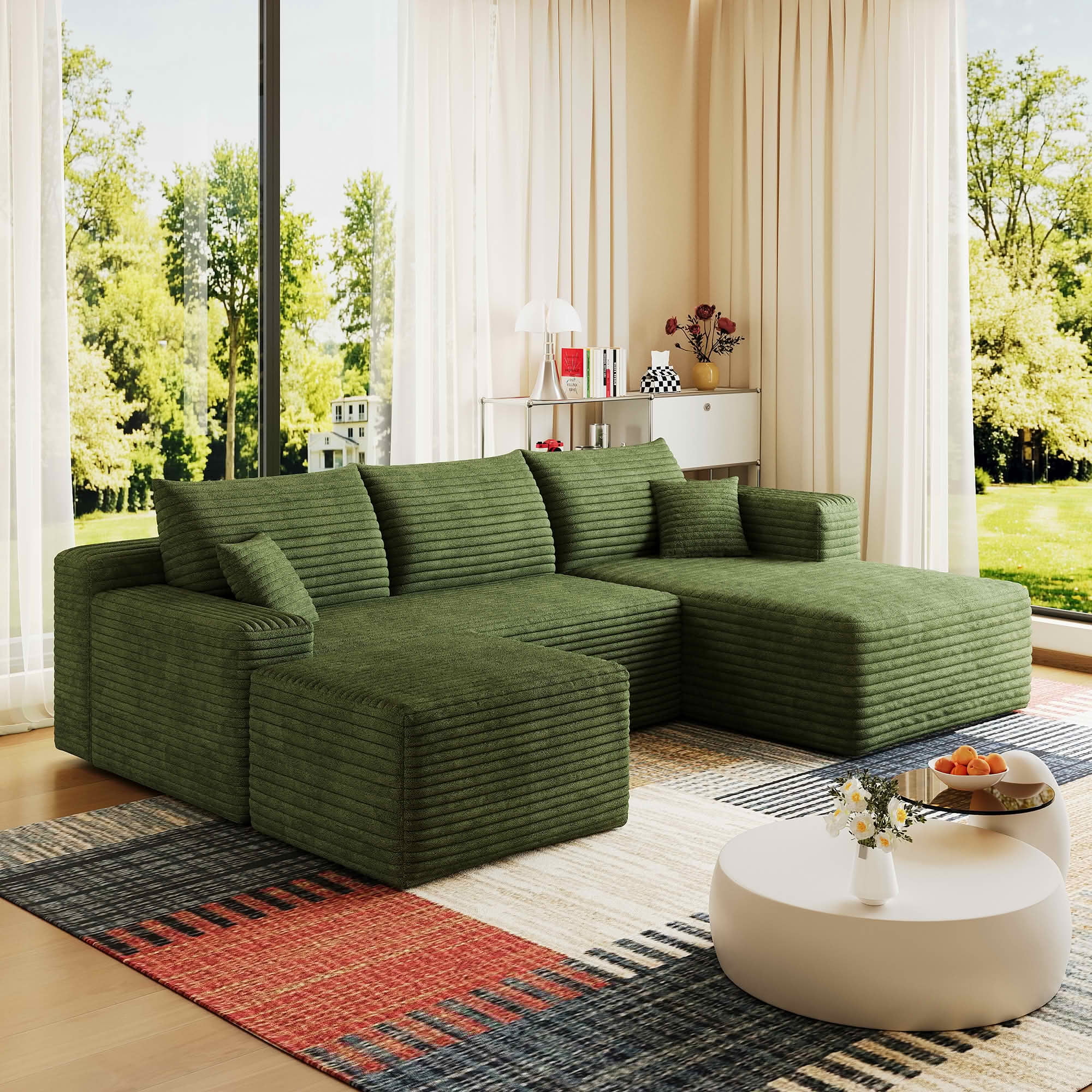 MAYEERTY 95 Inch U‑Shaped Cloud Sectional Sofa with 1 Ottoman, Modern Deep‑Seat Corner Couch, Plush Corduroy Reversible Sofa, No‑Assembly for Living Room Bedroom Apartment
