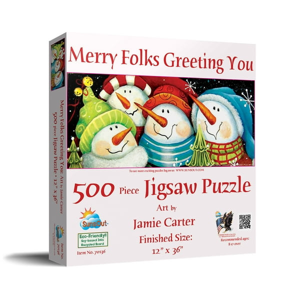 SUNSOUT INC - Merry Folks Greeting You - 500 pc Jigsaw Puzzle by Artist: Jamie Carter - Finished Size 12" x 36" Christmas - MPN# 70136