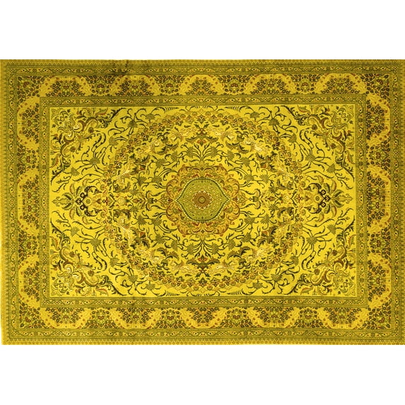 Ahgly Company Machine Washable Indoor Rectangle Medallion Yellow Traditional Area Rugs, 4' x 6'