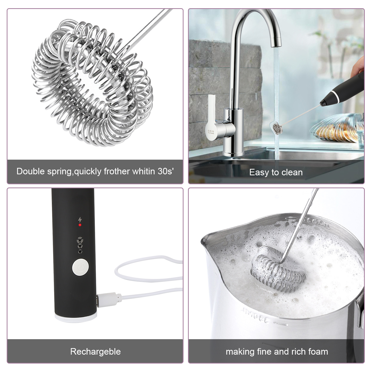 Fitnate Handheld Electric Milk Coffee Frother with Stainless Steel Whisk Black