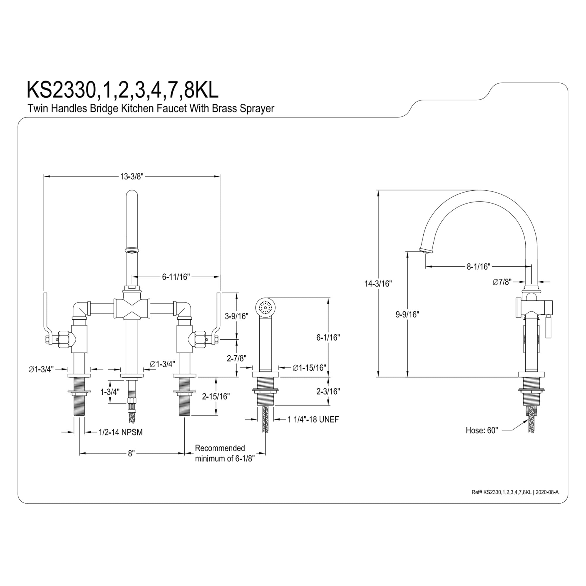 Kingston Brass KS2338KL Whitaker Two-Handle 4-Hole Deck Mount Industrial Style Bridge Kitchen Faucet with Brass Side Sprayer in Brushed Nickel