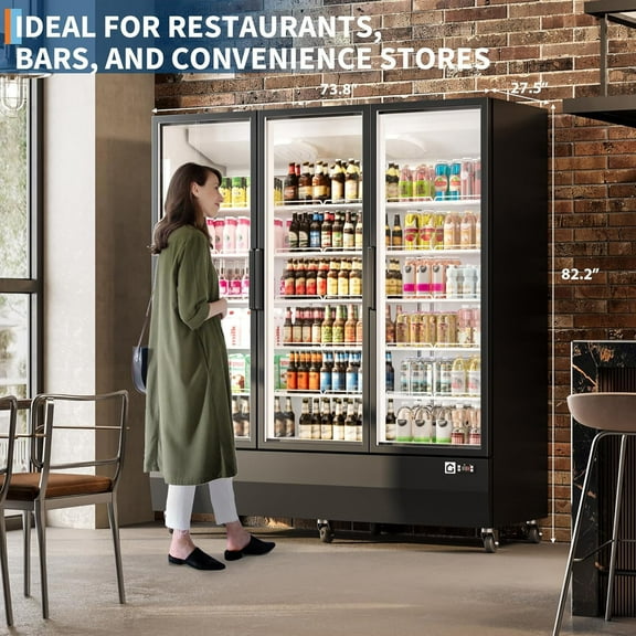 46 Cu.Ft. Commercial Display Refrigerator, 8 Heavy-Duty Castors, 3 Glass Door Merchandiser Beverage Refrigerator, Adjustable Shelve, Upright Beverage Fridge with Fan Cooling for Restaurant, Grocery S