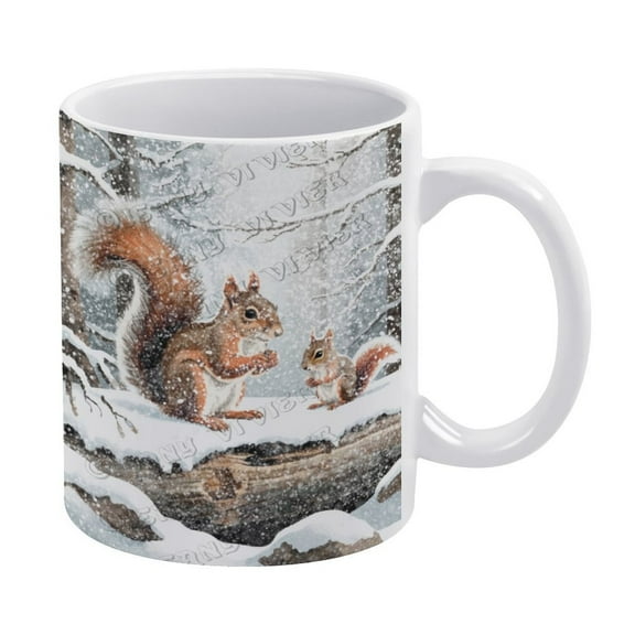 Novelty Coffee Mug - Winter Squirrel Porcelain Cup Ceramic Coffee and Tea Mug - 330 ml / 11 oz White Ceramic Mug
