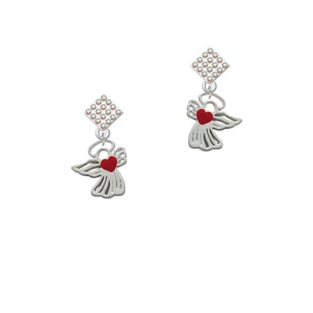 Lined Angel With Red Heart White Ab Crystal Diamond Shape Earrings - 
