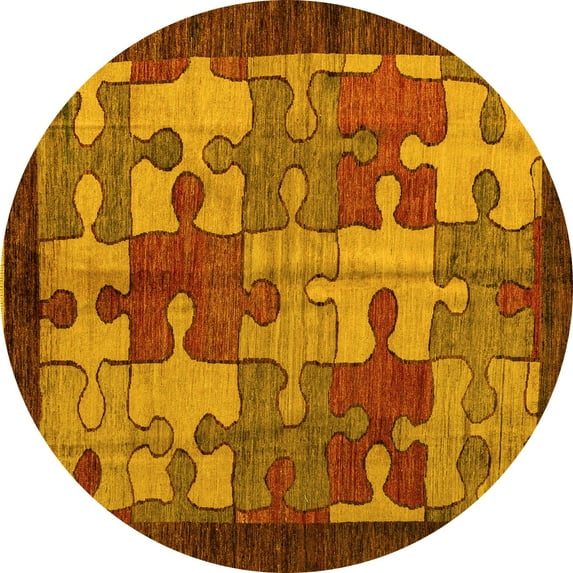 Ahgly Company Machine Washable Indoor Round Abstract Yellow Modern Area Rugs, 3' Round