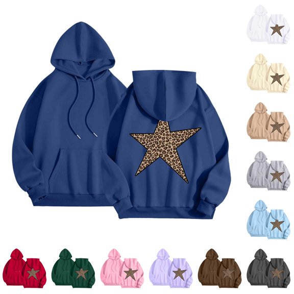 NinXxx Women's Star Print Leopard Hooded Sweatshirt Streetwear Pullover Blue XXL