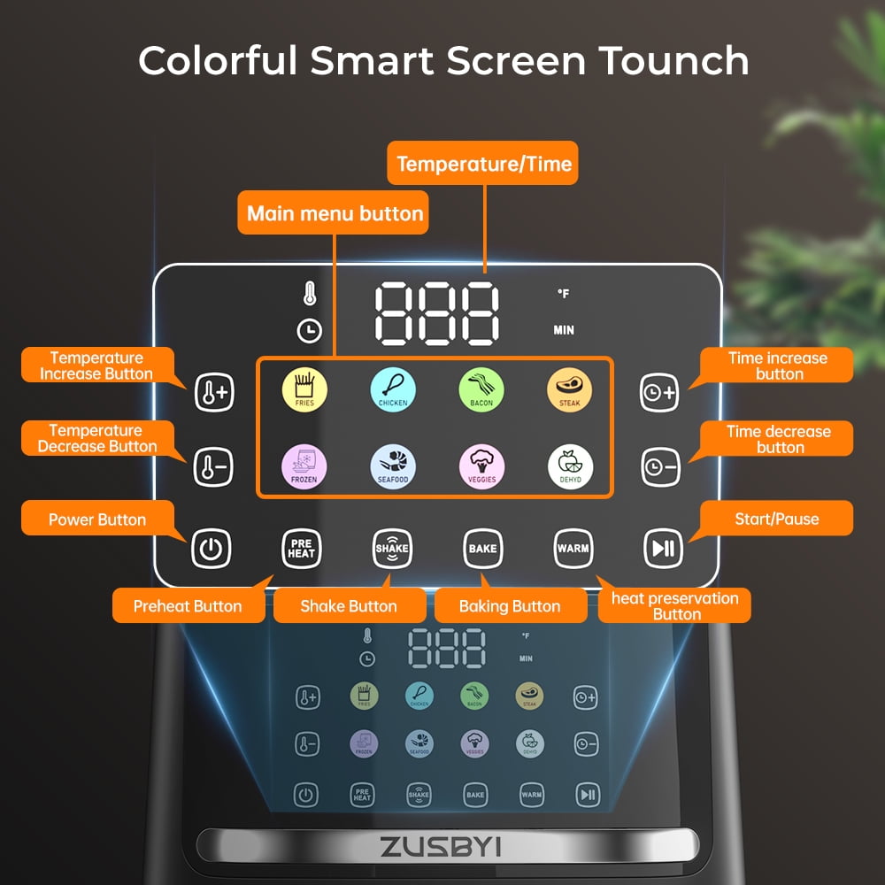 Air Fryer, ZUSBYI 6.5QT Air Fryer Oven With Smart Coloful Screen, 10 in 1 Customizable Functions, 1-Touch Digital Display Large Air fryer, Shake Reminder, Up to 450°F, Nonstick Dishwasher-Safe Basket