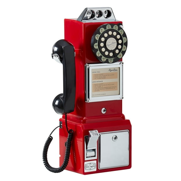 Ryan Bros. American Retro 1950's Payphone with Coin Bank Wall-Mount Corded Phone (Red)