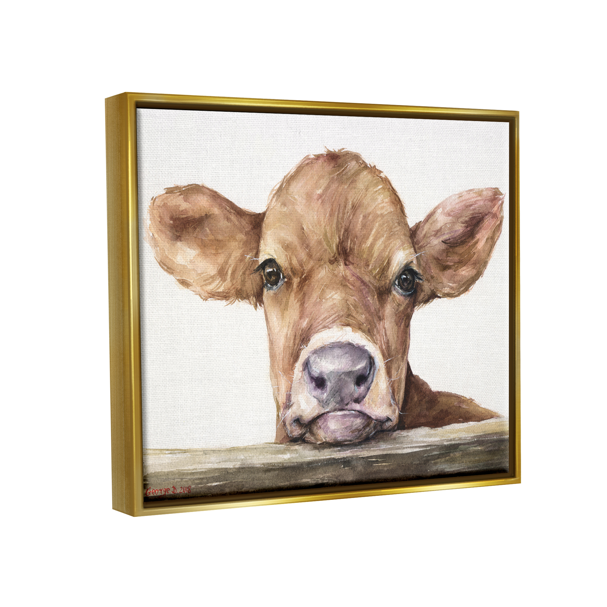 Stupell Industries Cute Baby Cow Animal Watercolor Painting Metallic Gold Framed Floating Canvas Wall Art, 24x30, by George Dyachenko