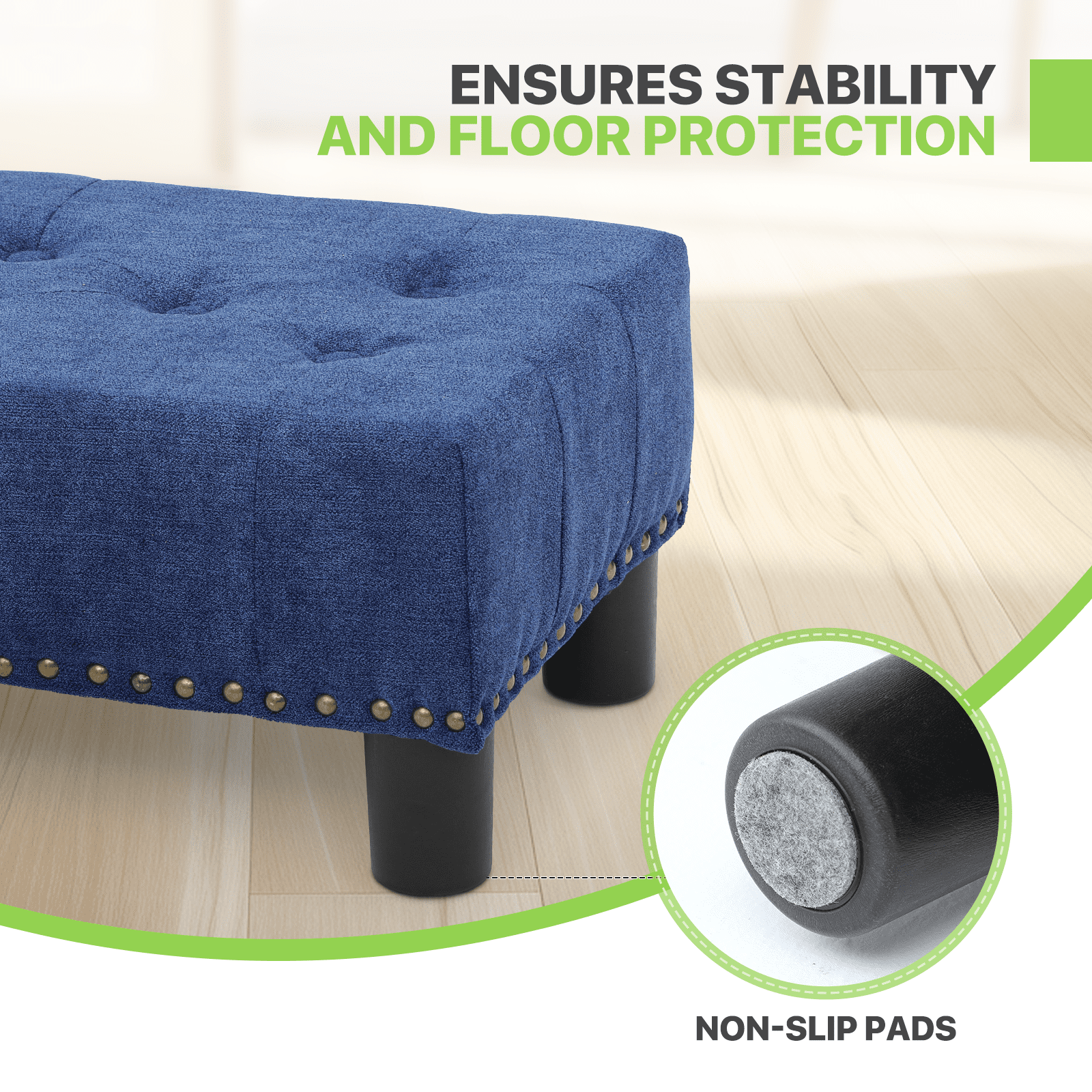 Magshion Foot Stool Ottoman with Padded Seat, Modern Cotton-linen Footrest, Rectangular Seat Stool, Navy Blue
