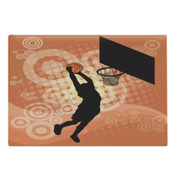 Basketball Cutting Board, Basketball Player Silhouette Athlete Competition Championship Promotion, Decorative Tempered Glass Cutting and Serving Board, Large Size, Pale Orange Black, by Ambesonne