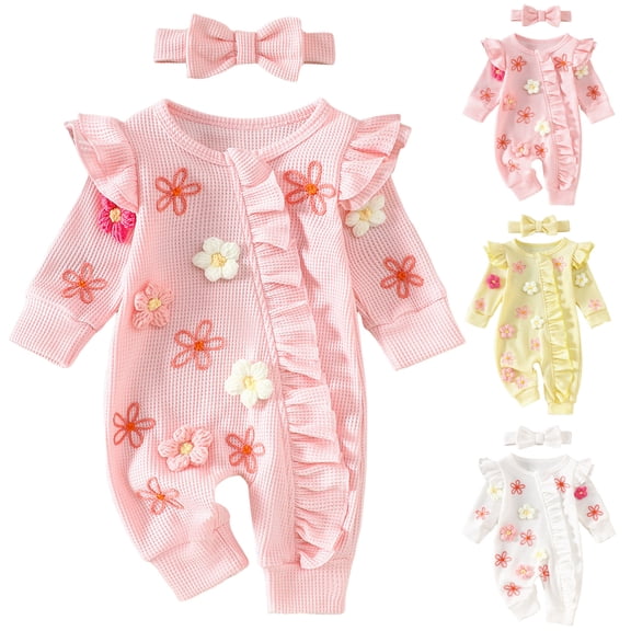 WUANDIXFA Baby Girl Fall Winter Outfits Clothes Knit Jumpsuit Ruffle Romper Coming Home Outfit for Baby Girl (Pink, NEWBORN)