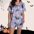 thumbnail image 2 of SAZBJOJN Women's Halloween Pajama Sets Collared Short Sleeve Top and Shorts Pumpkin Ghost Print 2 PC Loungewear Pajamas for Women Matching Home Sleep Night Purple S, 2 of 6