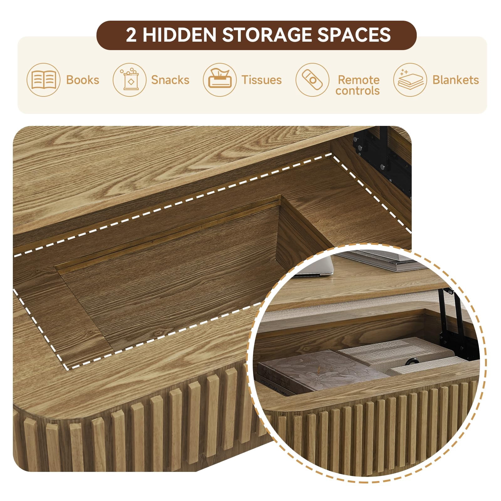 38.6" Lift-Top Natural Coffee Table with Hidden Storage Design for Living Room, Office or Small Spaces
