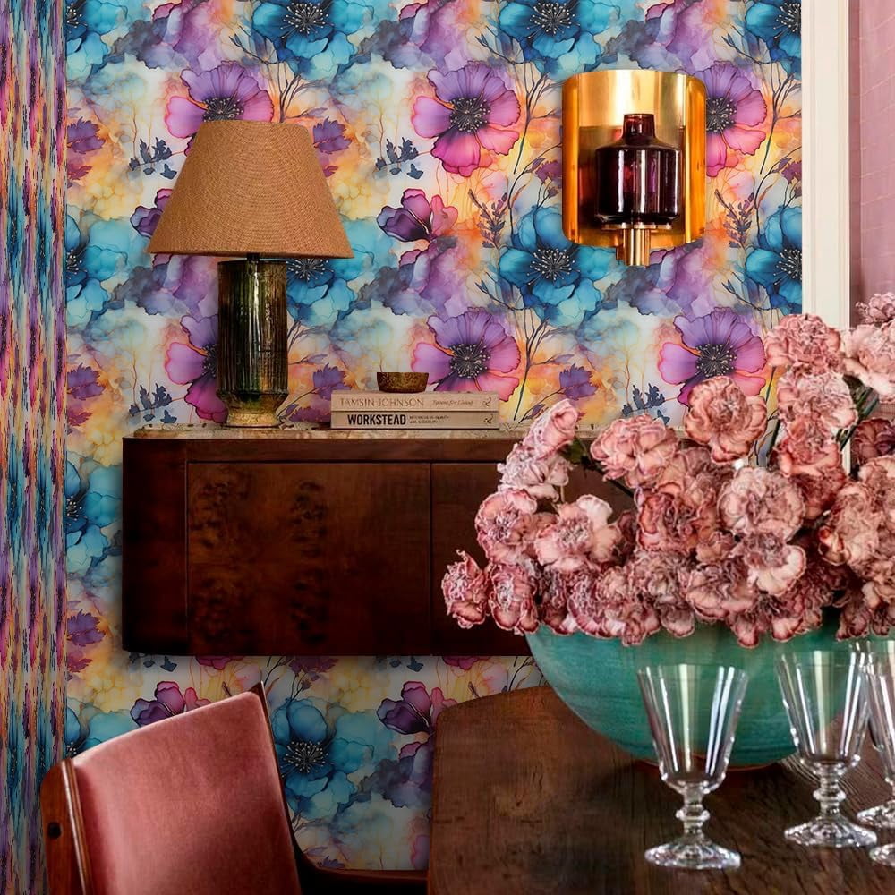 Pink Blue Watercolor Abstract Modern Flowers Peel and Stick Wallpaper Contact Paper Vintage Vinyl Stick on Wall Paper for Bedroom Bathroom Kitchen Cabinet Renter Friendly