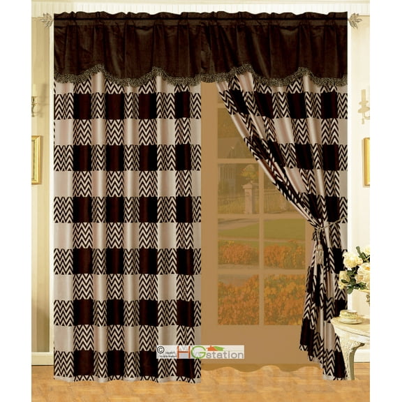 4-Pc Soft Cozy Campfire Faux Fur Chevron Checkered Curtain Set Brown Beige Valance Liner Drape Tieback