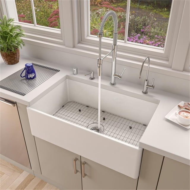 Pemberly Row 33" White Smooth Apron Single Bowl Fireclay Farm Sink