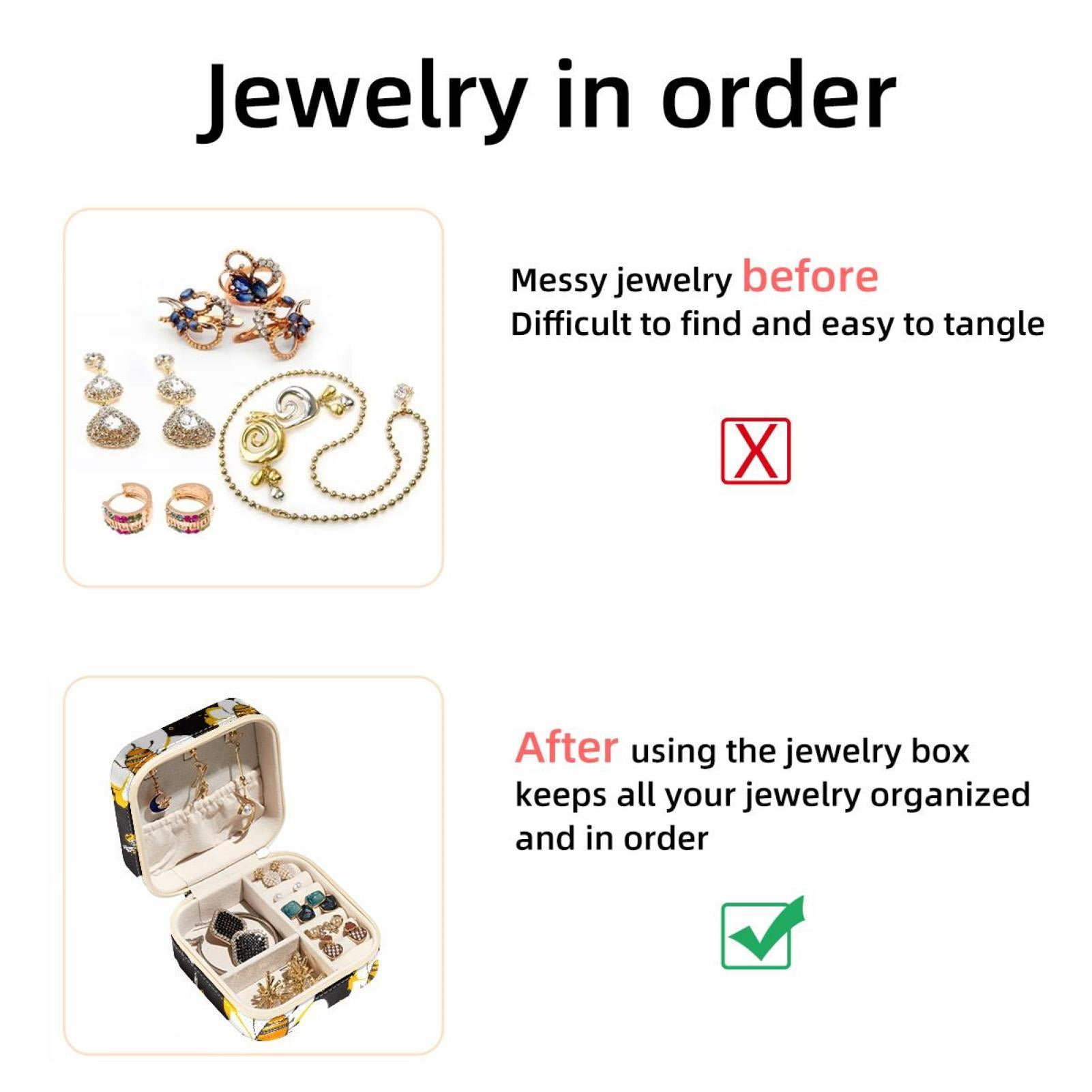 PhooArto Small Jewellery Box, Cartoon Bees Flowers Pattern Portable Travel Mini Jewelry Case for Women Leather Ring Organizer