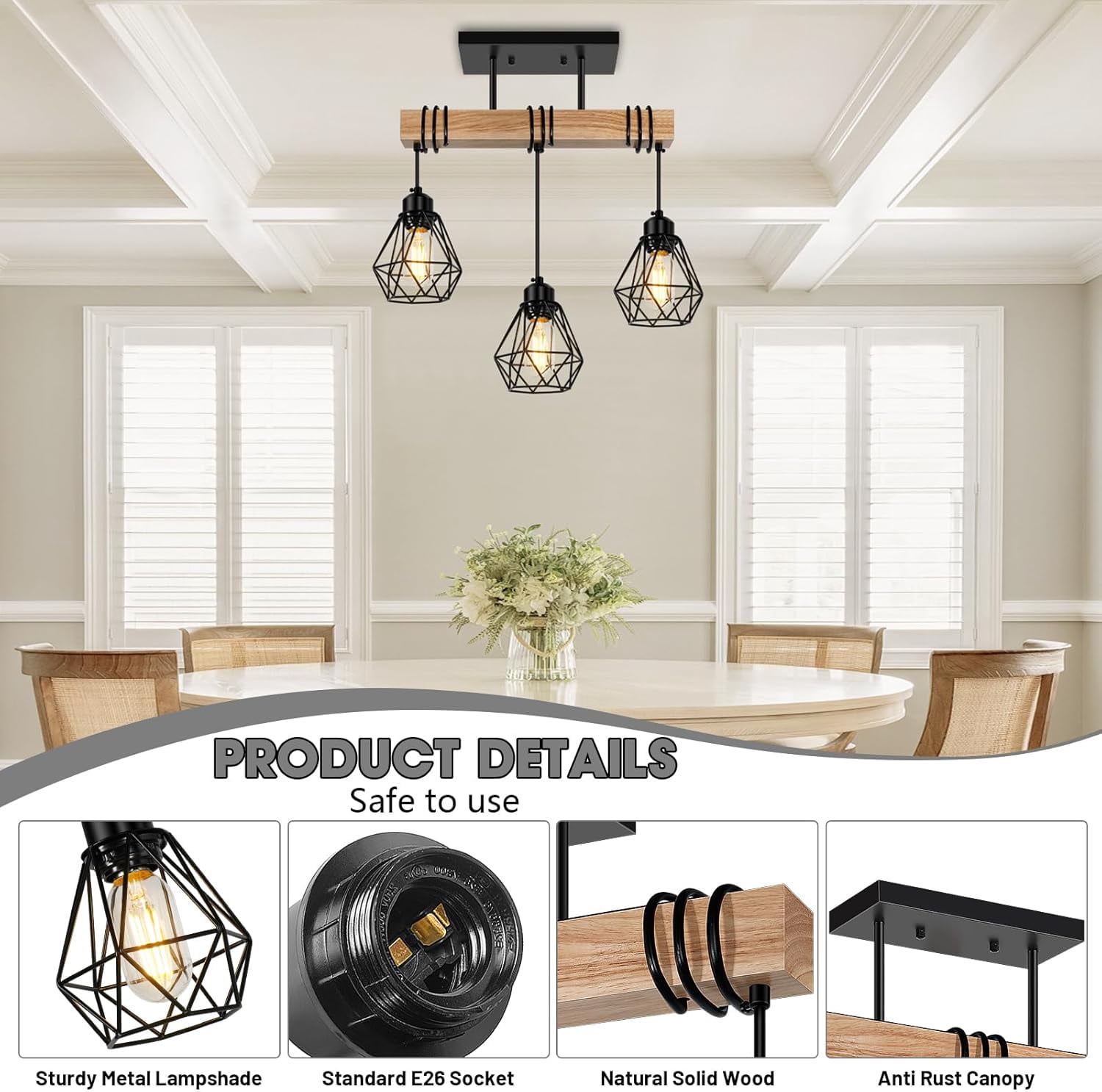 3 - Light Kitchen Island Lighting  Pendant Light Fixtures over Table Wood Hanging Lamp with Metal Shades for Dining Table Living Room Hallway