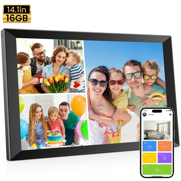 BIGASUO 14.1" Large Digital Picture Frame, 16GB Storage HD IPS Touch Screen WiFi Smart Digital Cloud Photo Frame, Share Photos Videos via App Email, USB Drive&SD Slot, Music