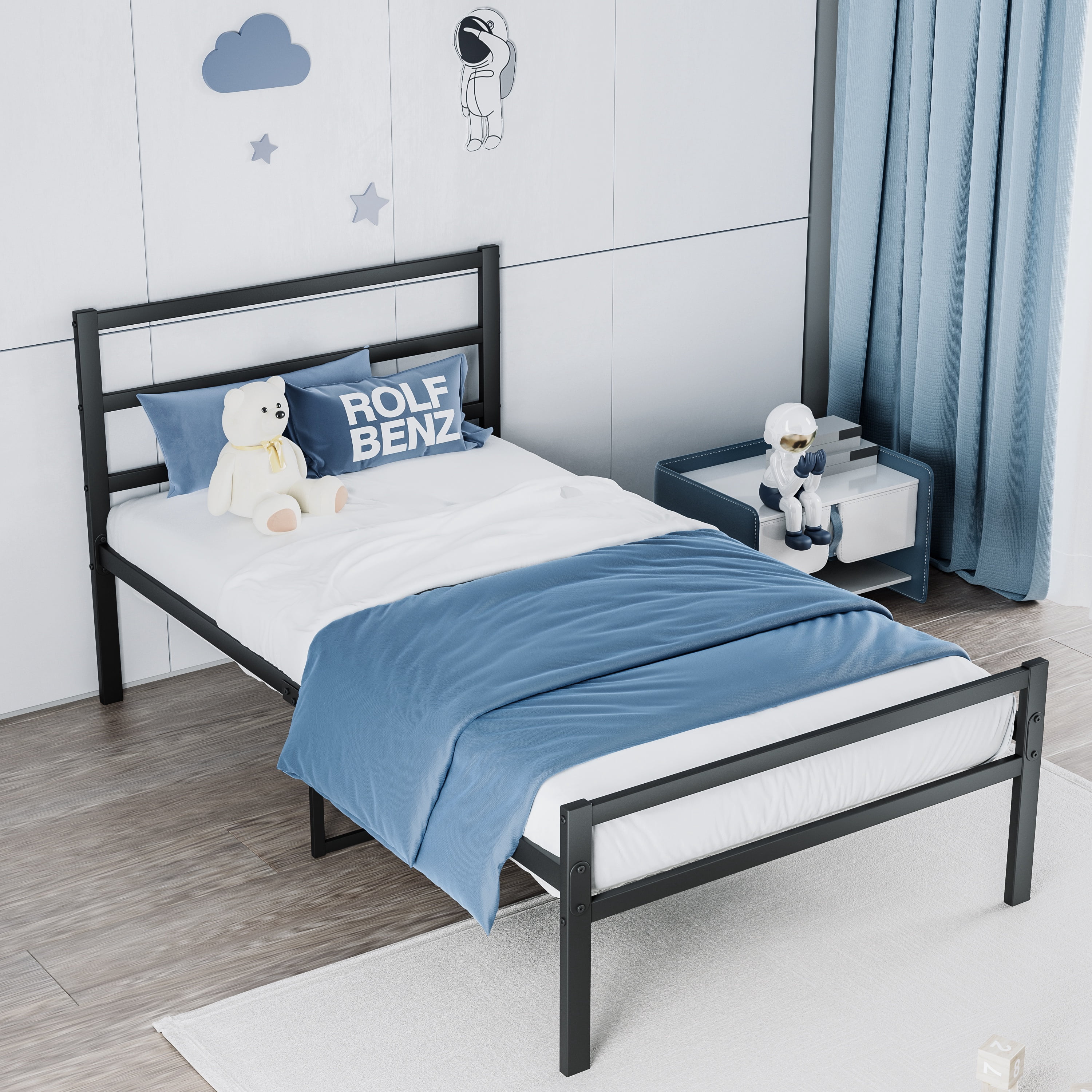 Twin Size Bed Frame, Metal Platform Bed w/Headboard, Large Under Bed Storage Space, No Box Spring Needed