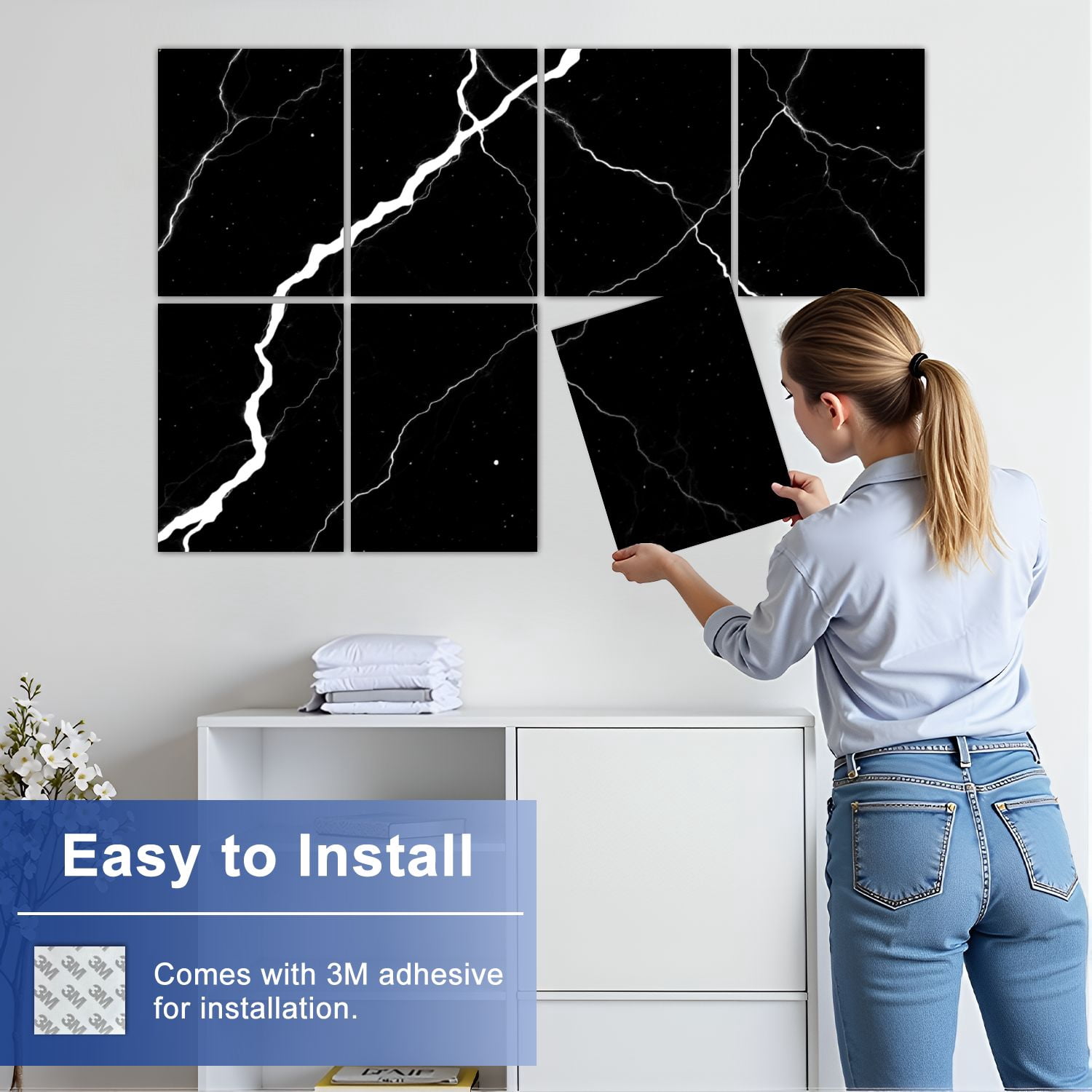 8 Pack Art Acoustic Panels Sound Absorbing Black Marble White Veins Abstract Design Decorative Soundproof Wall Panels Self Adhesive for Nursery Game Room Bedroom 48"x32"