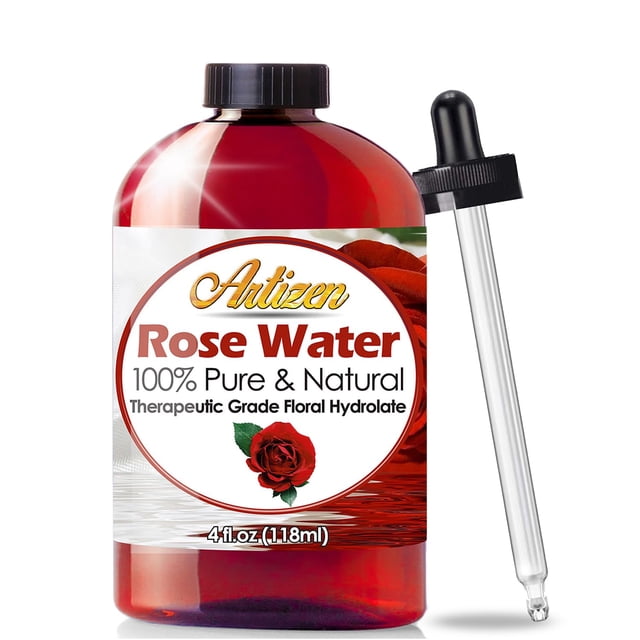 Artizen Agua de rosas pura (enorme botella de 4 onzas) Agua de rosas marroquí natural - Hermosa fragancia fresca - Tónico e hidratante perfecto para el rostro y la piel