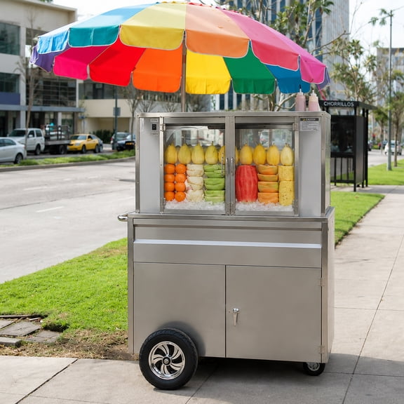 44" Commercial Street Vendor Fruit Cart Carro De Fruta Concession Stand with Ice Bin Storage Stainless Steel Display