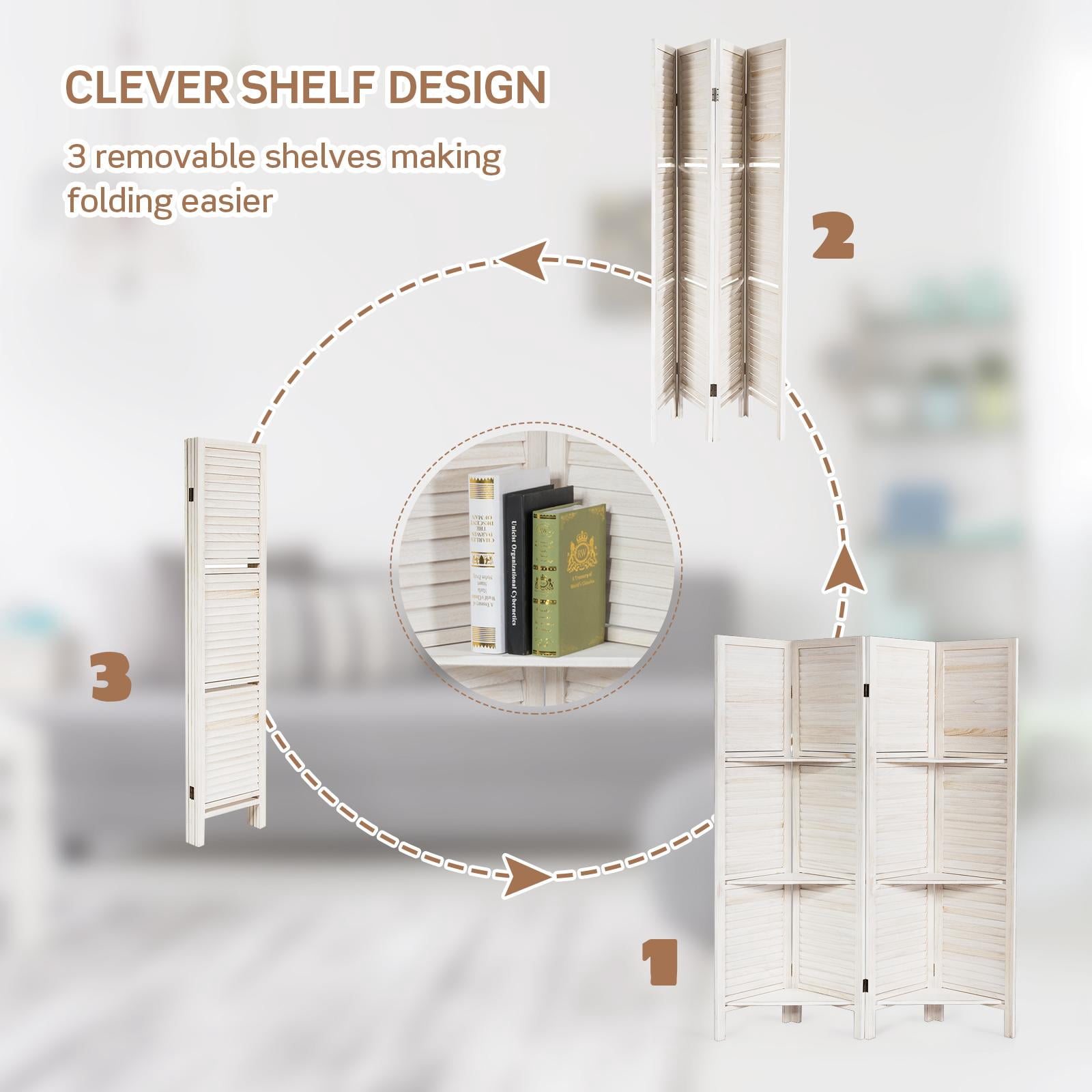Giantex 4-Panels Wood Room Divider with Display Shelf Folding Privacy Room Dividers Screen for Home Office, 5.6FT, White