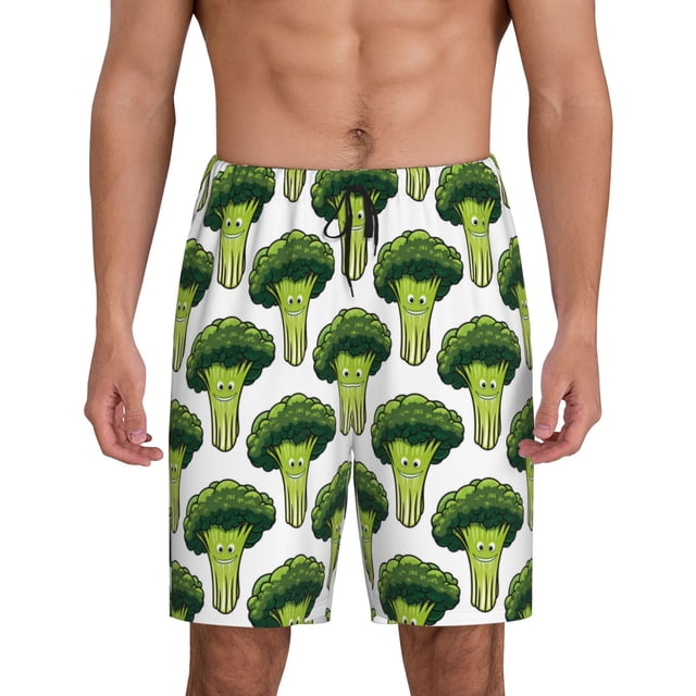 Balery Cute Broccoli Pantalones cortos de pijama de punto de algodón para hombre con cinturilla y bolsillos-3X-Large