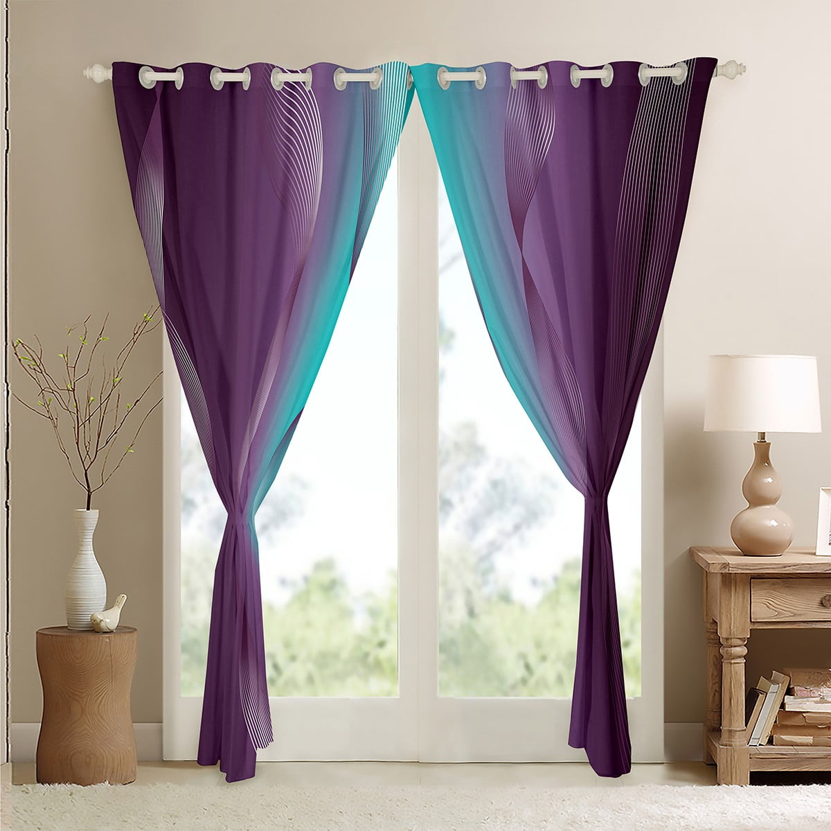 Gradient Purple and Teal Blackout Curtains Ombre 2 Panels 42"Wx90"L Curtains & Drapes,Trippy Spiral Silver Wave Line Curtains,Abstract Art Room Decor Aesthetic