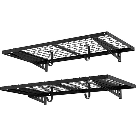 FLEXIMOUNTS 2 Pack 2x4ft Garage Storage with 4 Hooks 24x48 inch Bike Wall Shelving Rack, 440lbs Total Weight Capacity, Black