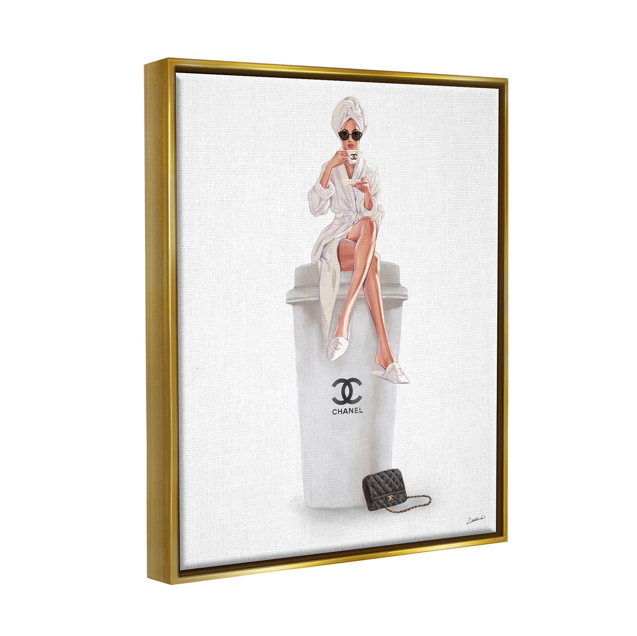 Stupell Industries Morning Brunch Glam Girl Sipping Coffee Graphic Art Metallic Gold Floating Framed Canvas Print Wall Art, Design by Ziwei Li