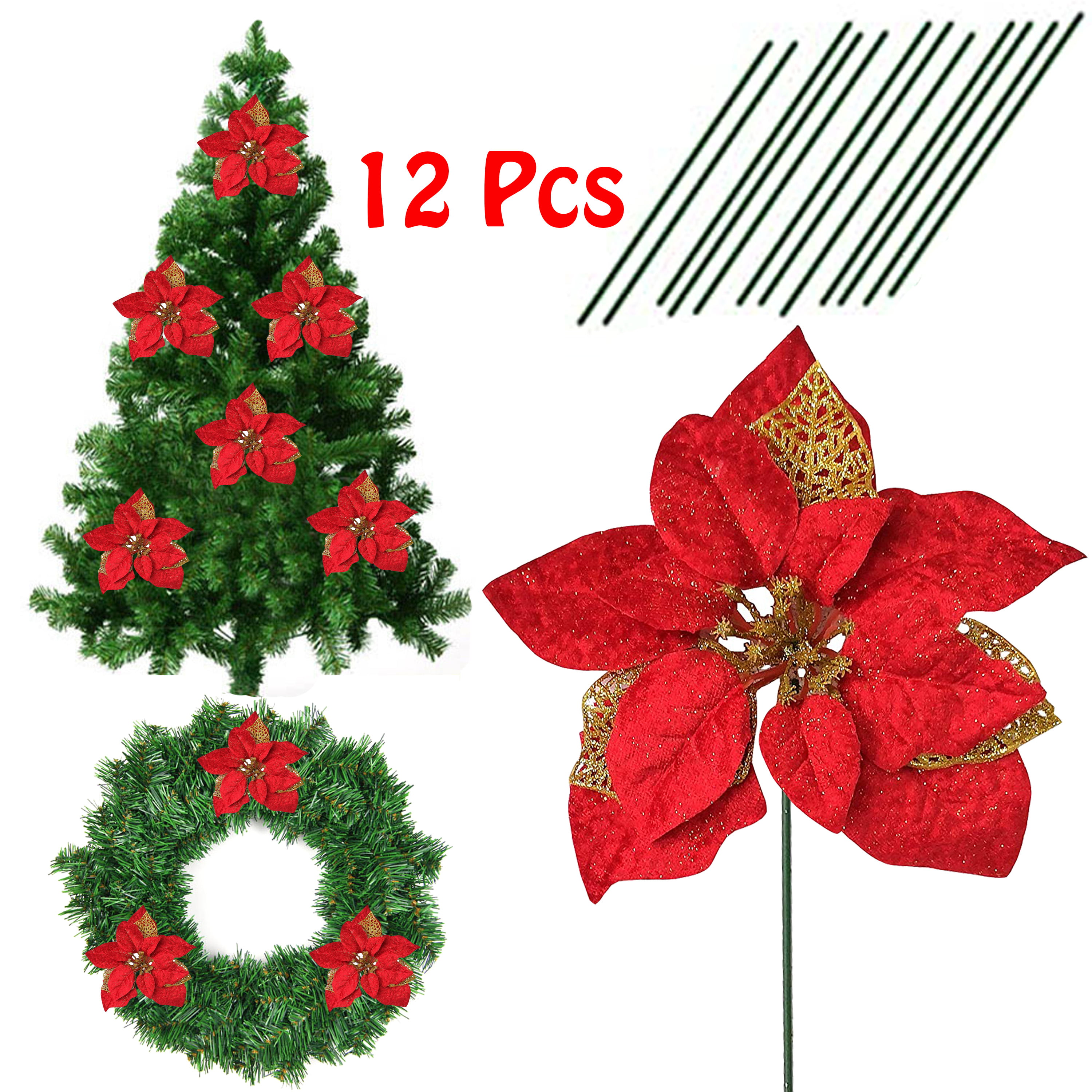 FLASH WORLD 8PCS 9.5 Christmas Glitter Poinsettia Flowers Christmas Artificial Flowers Ornaments for Xmas Tree Wreaths Garland Holiday Decorations（Gold） 